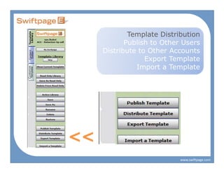 Template Distribution
            Publish to Other Users
     Distribute to Other Accounts
                  Export Template
               Import a Template




<<
                            www.swiftpage.com
 