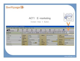 ACT! E-marketing
 Contact View > Button




                           <<
                         www.swiftpage.com
 