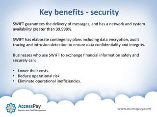 Key benefits - security
SWIFT guarantees the delivery of messages, and has a network and system
availability greater than 99.999%.
SWIFT has elaborate contingency plans including data encryption, audit
tracing and intrusion detection to ensure data confidentiality and integrity.
Businesses who use SWIFT to exchange financial information safely and
securely can:
• Lower their costs.
• Reduce operational risk
• Eliminate operational inefficiencies.
 