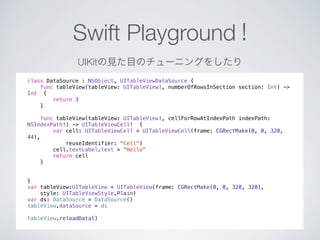 Swift Playground ! 
UIKitの見た目のチューニングをしたり 
class DataSource : NSObject, UITableViewDataSource { 
func tableView(tableView: UITableView!, numberOfRowsInSection section: Int) -> 
Int { 
return 3 
} 
func tableView(tableView: UITableView!, cellForRowAtIndexPath indexPath: 
NSIndexPath!) -> UITableViewCell! { 
var cell: UITableViewCell = UITableViewCell(frame: CGRectMake(0, 0, 320, 
44), 
reuseIdentifier: "Cell") 
cell.textLabel.text = "Hello" 
return cell 
} 
} 
var tableView:UITableView = UITableView(frame: CGRectMake(0, 0, 320, 320), 
style: UITableViewStyle.Plain) 
var ds: DataSource = DataSource() 
tableView.dataSource = ds 
! 
tableView.reloadData() 
 