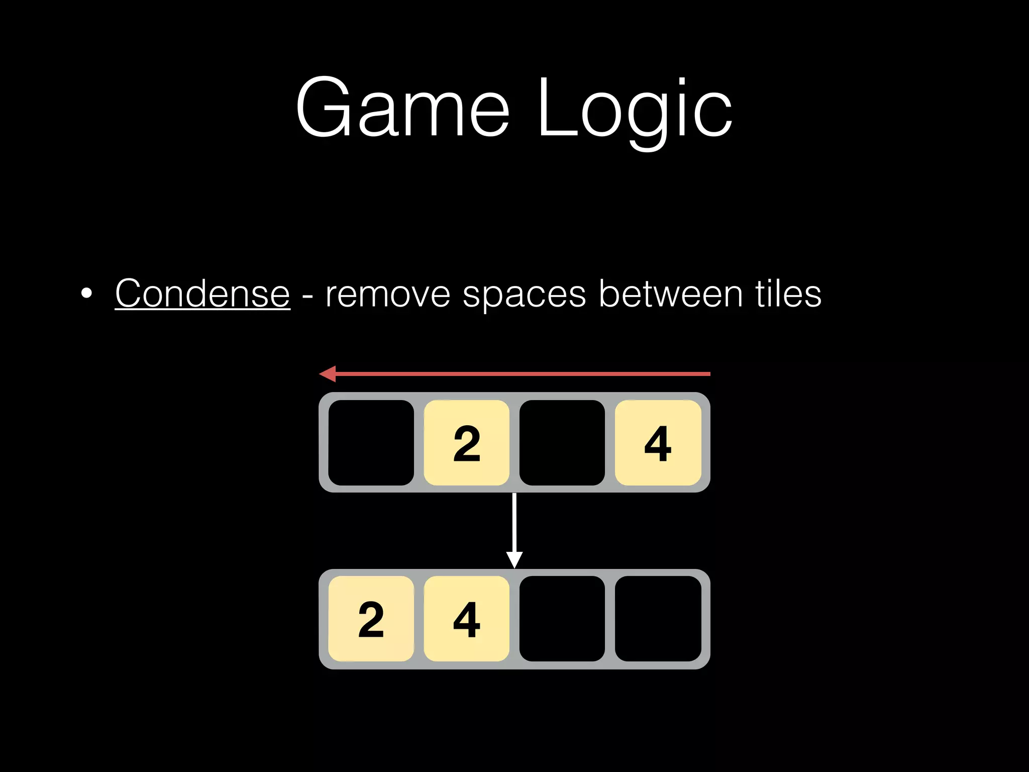 Tracking changes?
• We want to know when a tile is moved, when it
stays still, when it’s combined
• Let’s posit an ActionToken
• An ActionToken lives in an array. Its position in the
array is the ﬁnal position of the tile it represents
• An ActionToken also tracks the state of the tile or
tiles that undertook the action it describes
 