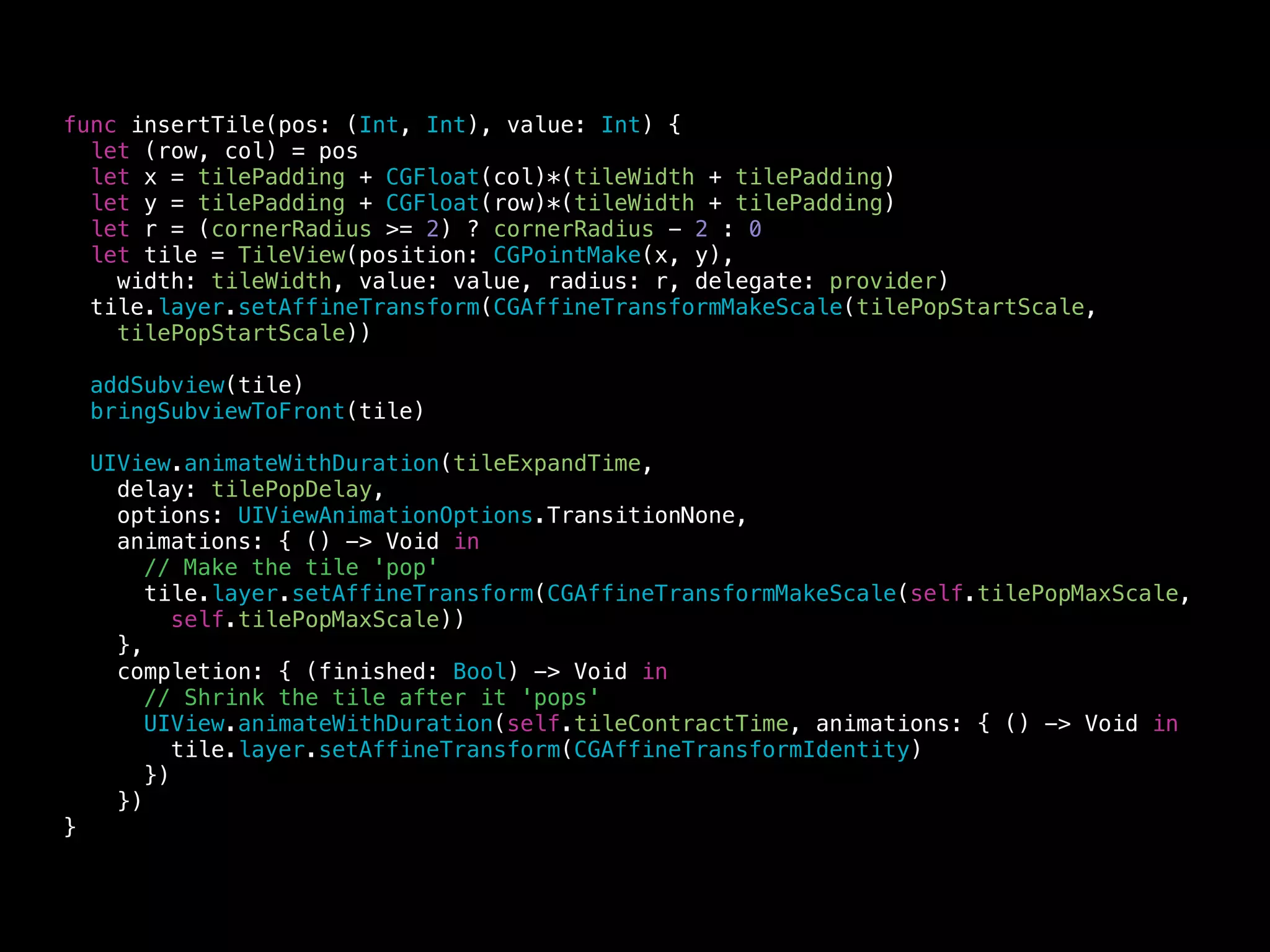 Game Logic
• Convert - create ‘move orders’ for the view
enum MoveOrder {
case SingleMoveOrder(source: Int,
destination: Int,
value: Int,
wasMerge: Bool)
case DoubleMoveOrder(firstSource: Int,
secondSource: Int,
destination: Int,
value: Int)
}
 