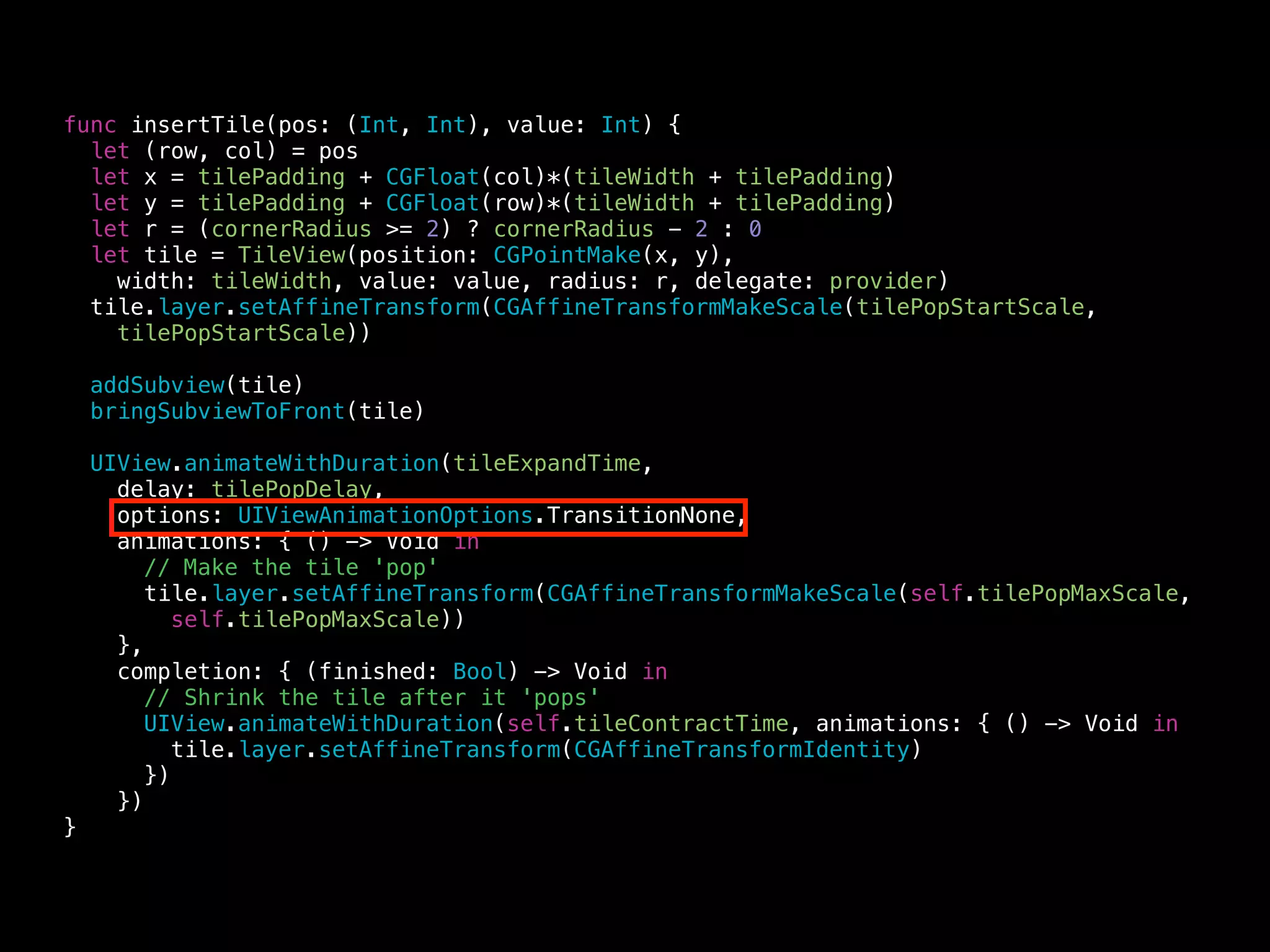 func convert(group: [ActionToken]) -> [MoveOrder] {
var moveBuffer = [MoveOrder]()
for (idx, t) in enumerate(group) {
switch t {
case let .Move(s, v):
moveBuffer.append(MoveOrder.SingleMoveOrder(source: s,
destination: idx, value: v, wasMerge: false))
case let .SingleCombine(s, v):
moveBuffer.append(MoveOrder.SingleMoveOrder(source: s,
destination: idx, value: v, wasMerge: true))
case let .DoubleCombine(s1, s2, v):
moveBuffer.append(MoveOrder.DoubleMoveOrder(firstSource: s1,
secondSource: s2, destination: idx, value: v))
default:
break
}
}
return moveBuffer
}
 