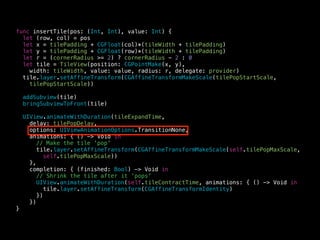func convert(group: [ActionToken]) -> [MoveOrder] {
var moveBuffer = [MoveOrder]()
for (idx, t) in enumerate(group) {
switch t {
case let .Move(s, v):
moveBuffer.append(MoveOrder.SingleMoveOrder(source: s,
destination: idx, value: v, wasMerge: false))
case let .SingleCombine(s, v):
moveBuffer.append(MoveOrder.SingleMoveOrder(source: s,
destination: idx, value: v, wasMerge: true))
case let .DoubleCombine(s1, s2, v):
moveBuffer.append(MoveOrder.DoubleMoveOrder(firstSource: s1,
secondSource: s2, destination: idx, value: v))
default:
break
}
}
return moveBuffer
}
 