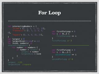 For Loop
let interestingNumbers = [
"Prime": [2, 3, 5, 7, 11, 13],
"Fibonacci": [1, 1, 2, 3, 5,
8],
"Square": [1, 4, 9, 16, 25],
]
var largest = 0
var largestKind:String? = nil
for (kind, numbers) in
interestingNumbers {
for number in numbers {
if number > largest {
largest = number
largestKind = kind
}
}
}
largest //25
largestKind //square
var firstForLoop = 0
for i in 0..3 {
firstForLoop += i
}
firstForLoop // 3
!
————————————————————————————————
!
var firstForLoop = 0
for i in 0...3 {
secondForLoop += i
}
secondForLoop // 6
 