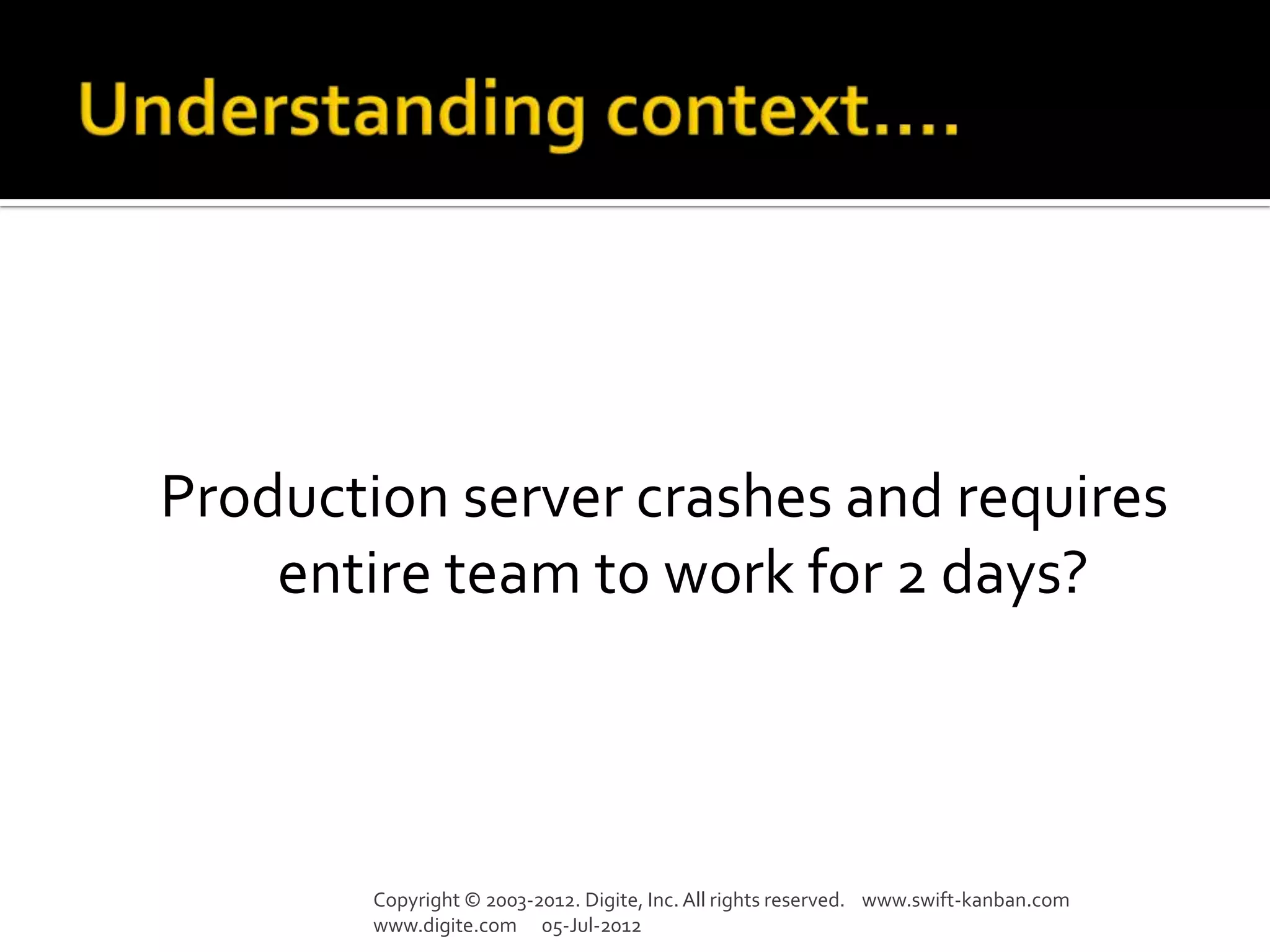 Production server crashes and requires
    entire team to work for 2 days?



        Copyright © 2003-2012. Digite, Inc. All rights reserved. www.swift-kanban.com
        www.digite.com 05-Jul-2012
 