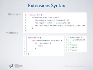 Extensions Syntax
Initializers
Methods
 