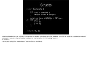 Structs 
struct Rectangle { 
[…] 
var area : CGFloat { 
return width * height; 
} 
mutating func shift(dx : CGFloat, 
dy: CGFloat) { 
x += dx 
y += dy 
} 
} 
r.shift(40, 0) 
In Swift, structs are much richer than their C counterparts. The elements they contain are actually properties, and can be set up just like in classes. Also methods, 
protocols, and extensions. Any methods that modify a struct must be marked with the “mutating” keyword. 
No inheritance. 
Pass-by-value (like primitive types) instead of pass-by-reference (like objects). 
 