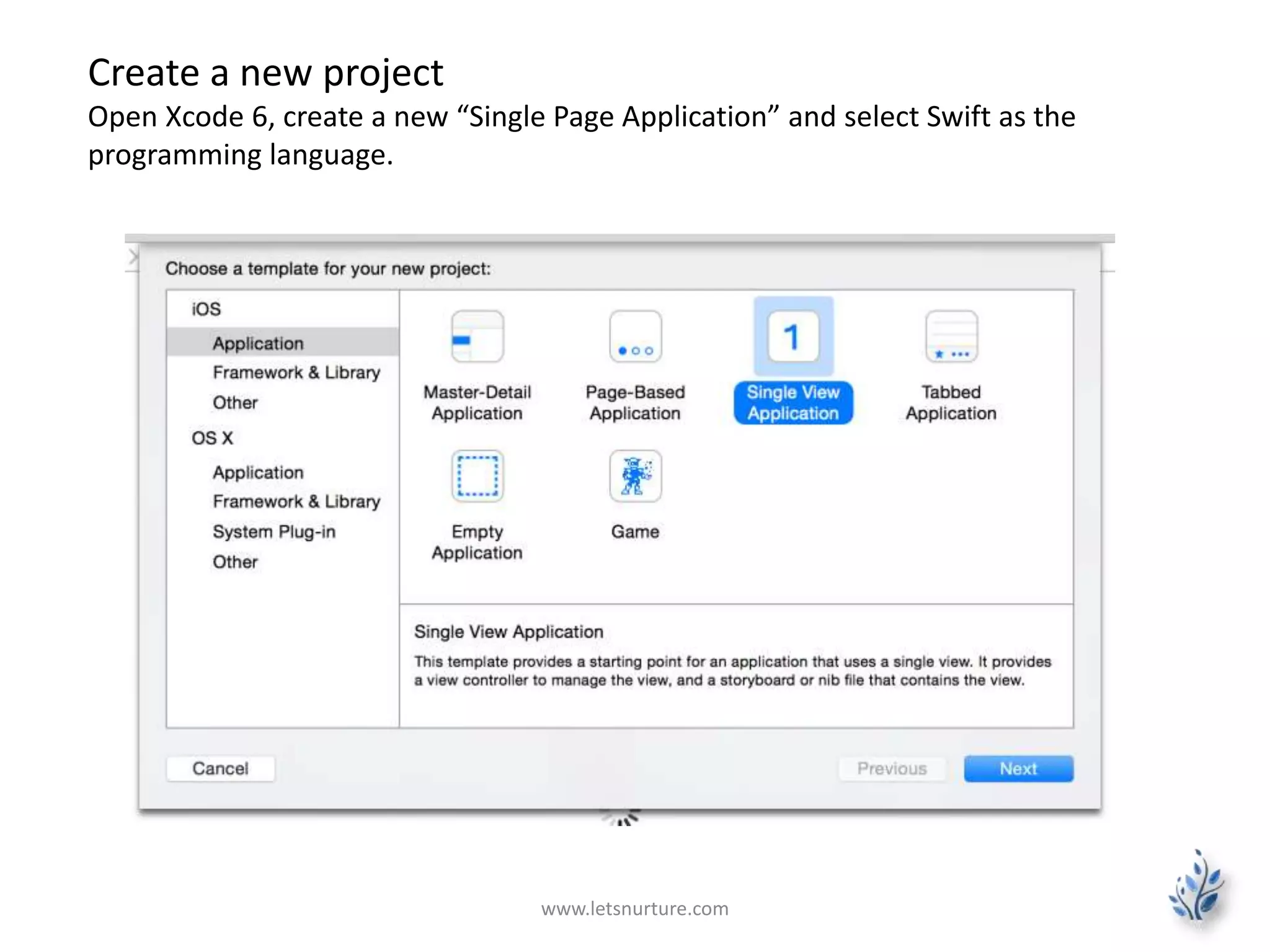 www.letsnurture.com
Create a new project
Open Xcode 6, create a new “Single Page Application” and select Swift as the
programming language.
 
