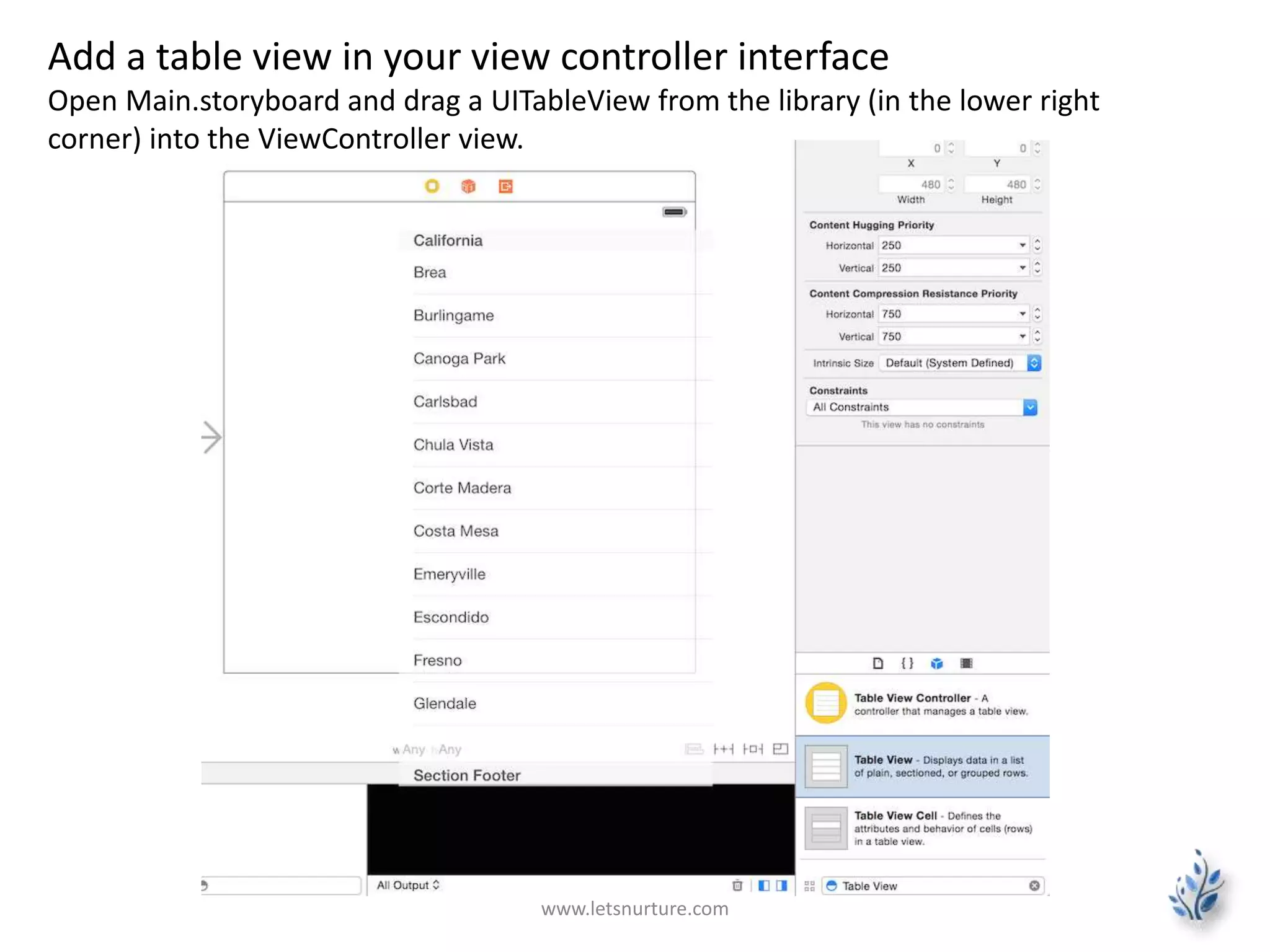 www.letsnurture.com
Add a table view in your view controller interface
Open Main.storyboard and drag a UITableView from the library (in the lower right
corner) into the ViewController view.
 