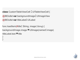 www.letsnurture.com
class CustomTableViewCell :UITableViewCell {
@IBOutlet var backgroundImage:UIImageView
@IBOutlet var titleLabel:UILabel
func loadItem(#title: String, image:String) {
backgroundImage.image =UIImage(named:image)
titleLabel.text =title
}
}
 
