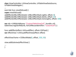 class ViewController: UIViewController, UITableViewDataSource,
UITableViewDelegate {
...
override func viewDidLoad() {
super.viewDidLoad()
addEffect(UIBlurEffect(style: UIBlurEffectStyle.Light), offset: 0)
addEffect(UIBlurEffect(style: UIBlurEffectStyle.Dark), offset: 50)
addEffect(UIBlurEffect(style: UIBlurEffectStyle.ExtraLight), offset: 100)
var nib = UINib(nibName: "CustomTableViewCell", bundle: nil)
tableView.registerNib(nib, forCellReuseIdentifier: "customCell") }
func addEffect(effect: UIVisualEffect, offset: CGFloat) {
var effectView = UIVisualEffectView(effect: effect)
effectView.frame = CGRectMake(0, offset, 320, 50)
view.addSubview(effectView) }
...
}
www.letsnurture.com
 