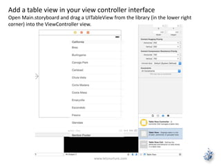 www.letsnurture.com
Add a table view in your view controller interface
Open Main.storyboard and drag a UITableView from the library (in the lower right
corner) into the ViewController view.
 