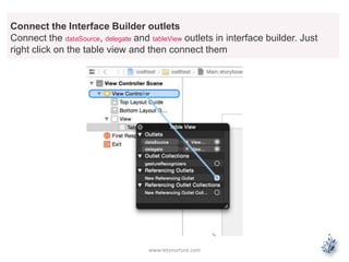 www.letsnurture.com
Connect the Interface Builder outlets
Connect the dataSource, delegate and tableView outlets in interface builder. Just
right click on the table view and then connect them
 