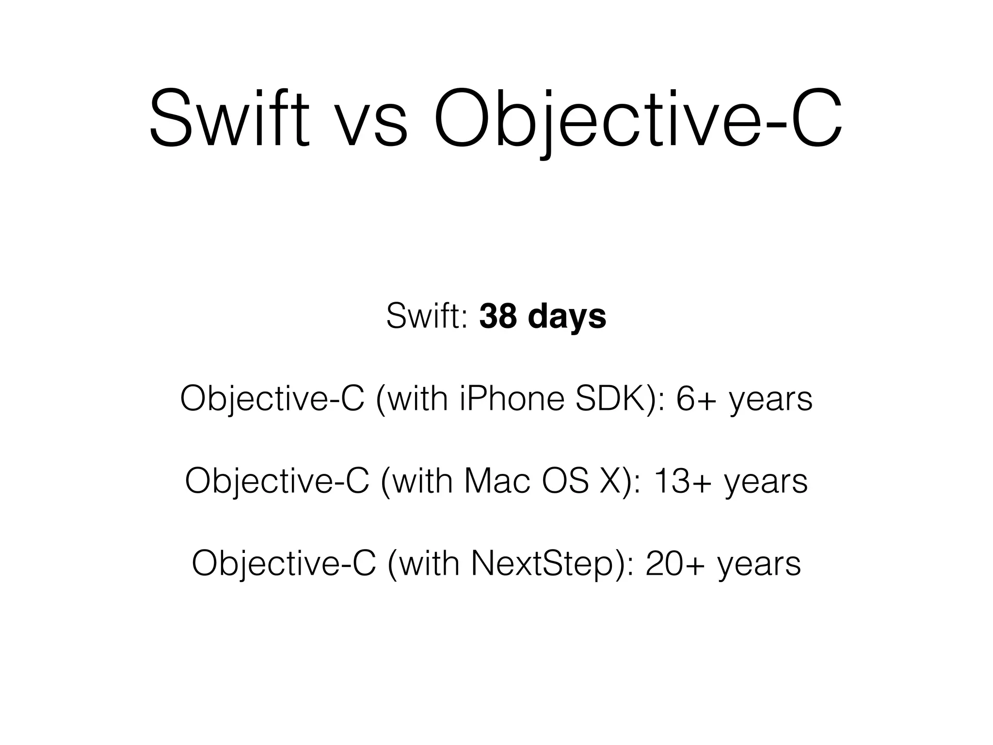 Swift vs Objective-C
Swift: 38 days
Objective-C (with iPhone SDK): 6+ years
Objective-C (with Mac OS X): 13+ years
Objective-C (with NextStep): 20+ years
 