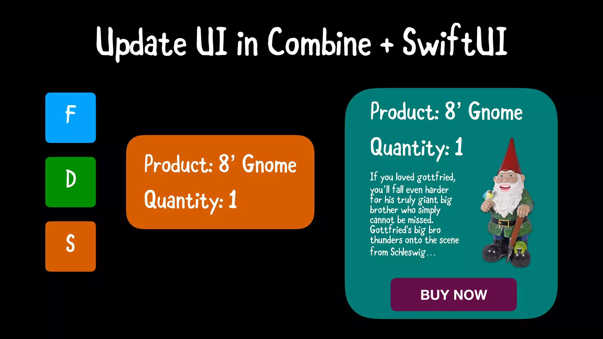 Update UI in Combine + SwiftUI
Product: 8’ Gnome
Product: 8’ Gnome
F
D
S
Quantity: 1
If you loved gottfried,
you’ll fall even harder
for his truly giant big
brother who simply
cannot be missed.
Gottfried's big bro
thunders onto the scene
from Schleswig…
Quantity: 1
BUY NOW
 