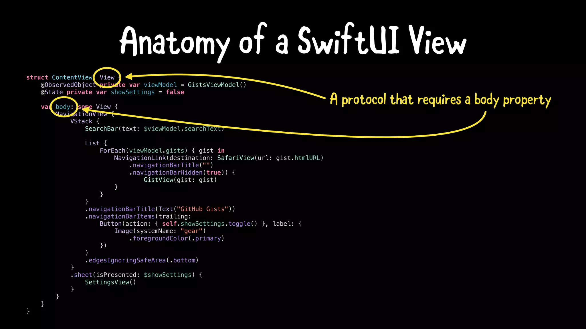 struct ContentView: View {
@ObservedObject private var viewModel = GistsViewModel()
@State private var showSettings = false
var body: some View {
NavigationView {
VStack {
SearchBar(text: $viewModel.searchText)
List {
ForEach(viewModel.gists) { gist in
NavigationLink(destination: SafariView(url: gist.htmlURL)
.navigationBarTitle("")
.navigationBarHidden(true)) {
GistView(gist: gist)
}
}
}
.navigationBarTitle(Text("GitHub Gists"))
.navigationBarItems(trailing:
Button(action: { self.showSettings.toggle() }, label: {
Image(systemName: "gear")
.foregroundColor(.primary)
})
)
.edgesIgnoringSafeArea(.bottom)
}
.sheet(isPresented: $showSettings) {
SettingsView()
}
}
}
}
Anatomy of a SwiftUI View
A protocol that requires a body property
 