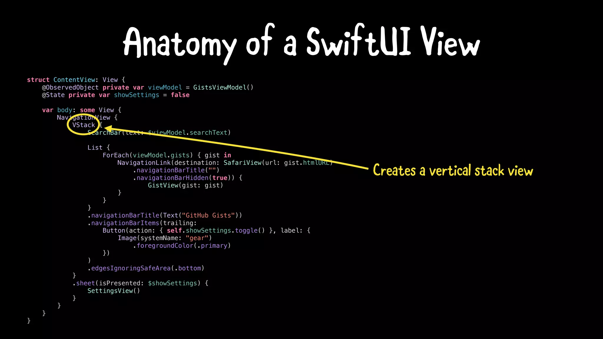 struct ContentView: View {
@ObservedObject private var viewModel = GistsViewModel()
@State private var showSettings = false
var body: some View {
NavigationView {
VStack {
SearchBar(text: $viewModel.searchText)
List {
ForEach(viewModel.gists) { gist in
NavigationLink(destination: SafariView(url: gist.htmlURL)
.navigationBarTitle("")
.navigationBarHidden(true)) {
GistView(gist: gist)
}
}
}
.navigationBarTitle(Text("GitHub Gists"))
.navigationBarItems(trailing:
Button(action: { self.showSettings.toggle() }, label: {
Image(systemName: "gear")
.foregroundColor(.primary)
})
)
.edgesIgnoringSafeArea(.bottom)
}
.sheet(isPresented: $showSettings) {
SettingsView()
}
}
}
}
Anatomy of a SwiftUI View
Creates a vertical stack view
 