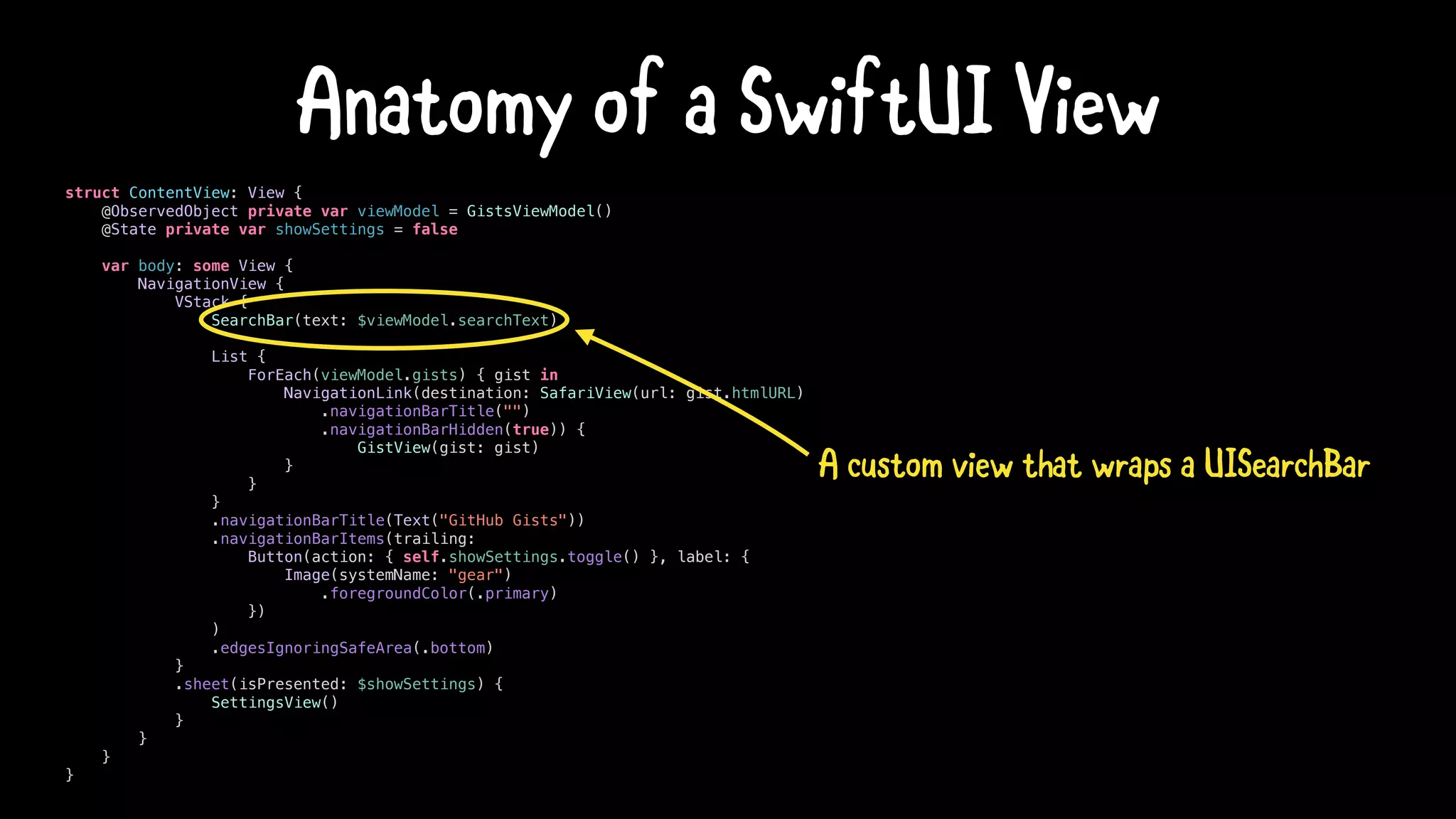 struct ContentView: View {
@ObservedObject private var viewModel = GistsViewModel()
@State private var showSettings = false
var body: some View {
NavigationView {
VStack {
SearchBar(text: $viewModel.searchText)
List {
ForEach(viewModel.gists) { gist in
NavigationLink(destination: SafariView(url: gist.htmlURL)
.navigationBarTitle("")
.navigationBarHidden(true)) {
GistView(gist: gist)
}
}
}
.navigationBarTitle(Text("GitHub Gists"))
.navigationBarItems(trailing:
Button(action: { self.showSettings.toggle() }, label: {
Image(systemName: "gear")
.foregroundColor(.primary)
})
)
.edgesIgnoringSafeArea(.bottom)
}
.sheet(isPresented: $showSettings) {
SettingsView()
}
}
}
}
Anatomy of a SwiftUI View
A custom view that wraps a UISearchBar
 