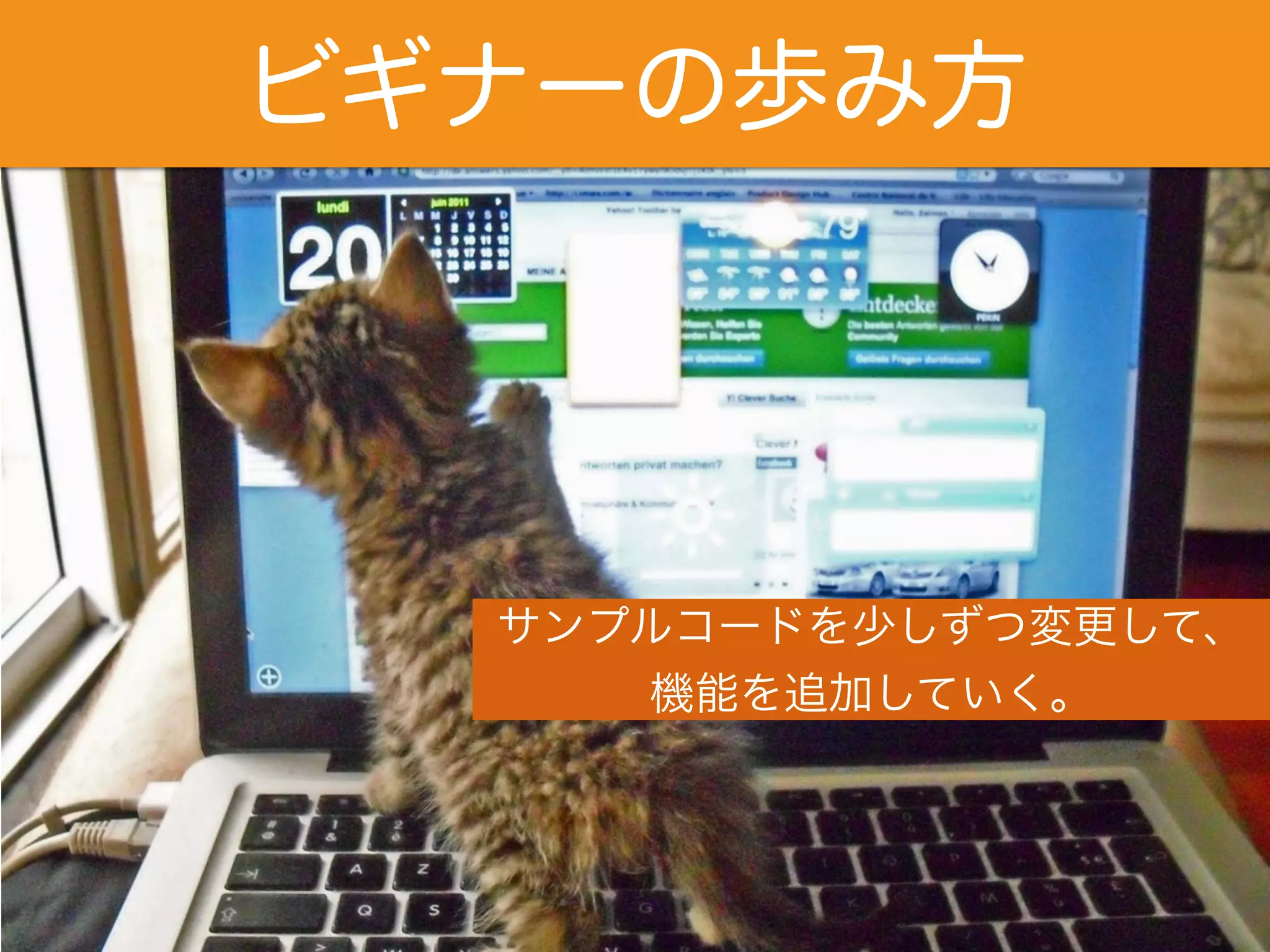 ビギナーの歩み方 
サンプルコードを少しずつ変更して、 
機能を追加していく。 
 