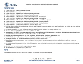 DRAFT – Pre-Decisional – DRAFT
NOVEMBER 2016 SWIFTWATER/FLOOD SEARCH AND RESCUE TEAM 7 OF 7
FEMA-508 v20130717
Resource Typing Definition for Mass Search and Rescue Operations
REFERENCES

1. FEMA, NIMS 509-3: Emergency Medical Technician
2. FEMA, NIMS 509-3: Paramedic
3. FEMA, NIMS 509-8: Swiftwater/Flood Search and Rescue Team Leader
4. FEMA, NIMS 509-8: Swiftwater/Flood Search and Rescue Technician
5. FEMA, NIMS 509-8: Swiftwater/Flood Search and Rescue Technician – Boat Operator
6. FEMA, NIMS 509-8: Swiftwater/Flood Search and Rescue Technician – Boat Bowman
7. FEMA, NIMS 509-8: Swiftwater/Flood Search and Rescue Technician – Animal Rescue Specialist
8. FEMA, NIMS 509-8: Swiftwater/Flood Search and Rescue Technician – Logistics Specialist
9. FEMA, NIMS 509-8: Swiftwater/Flood Search and Rescue Technician – Medical Specialist
10. FEMA, NIMS 508-8: Search and Rescue Aircraft – Helicopter / Rotary Wing
11. American National Standards Institute/American Society of Safety Engineers (ANSI/ASSE) Z359.1-2007 Safety Requirements for Personal Fall Arrest Systems,
Subsystems & Components
12. ASTM International (ASTM) F2890-12: Standard Guide for Hazard Awareness for Search and Rescue Personnel, 2012
13. American Whitewater (AW), Safety Code of American Whitewater, 2005
14. National Search and Rescue Committee, Catastrophic Incident Search and Rescue (CISAR) Addendum to the National Search and Rescue Supplement to the
International Aeronautical and Maritime Search and Rescue Manual, v. 3, June 2012
15. National Fire Protection Association (NFPA) 1006: Standard for Technical Rescuer Professional Qualifications, 2013
16. NFPA 1670: Standard on Operations and Training for Technical Search and Rescue Incidents, 2014
17. NFPA 1983: Standard on Life Safety Rope and Equipment for Emergency Services, 2012
18. U.S. Department of Homeland Security, Office of Emergency Communications (OEC), National Interoperability Field Operations Guide (NIFOG), v. 1.5,
January 2014
19. 29 Code of Federal Regulations (CFR) Part 1910.120 Occupational Health and Safety Administration (OSHA), Hazardous Waste Operations and Emergency
Response
20. 29 CFR Part 1910.146 OSHA, Permit-Required Confined Spaces
21. 29 CFR Part 1910.134 OSHA, Respiratory Protection
NOTE
Nationally typed resources represent the minimum criteria for the associated component and capability.
 
