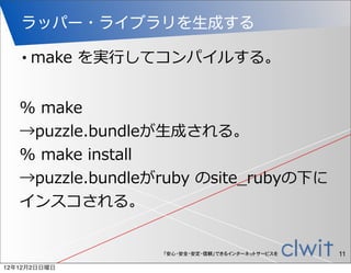 ラッパー・ライブラリを生成する

   •   make  を実⾏行行してコンパイルする。


   %  make
   →puzzle.bundleが⽣生成される。
   %  make  install
   →puzzle.bundle...