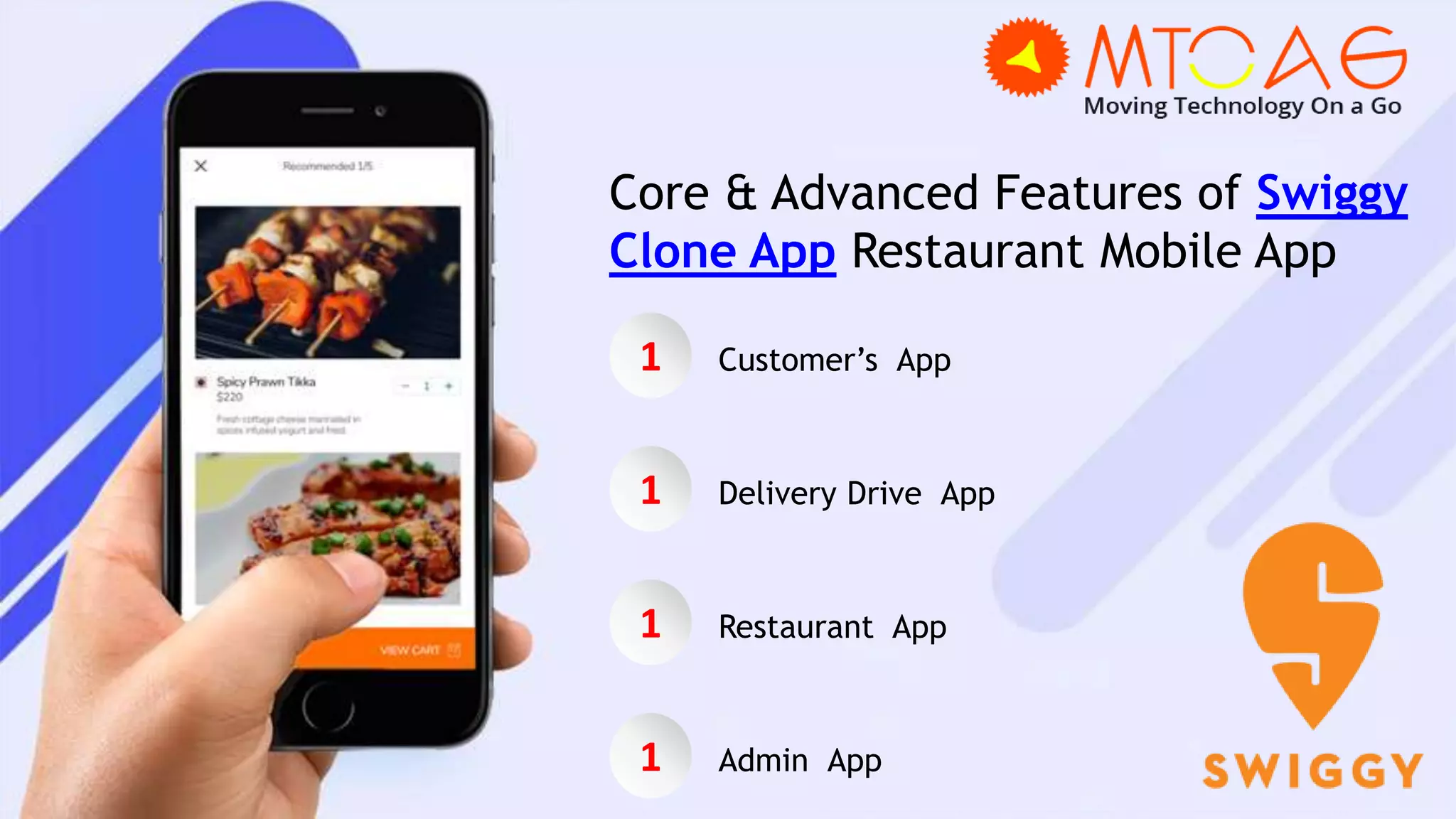 Core & Advanced Features of Swiggy
Clone App Restaurant Mobile App
1 Customer’s App
1 Delivery Drive App
1 Restaurant App
1 Admin App
 