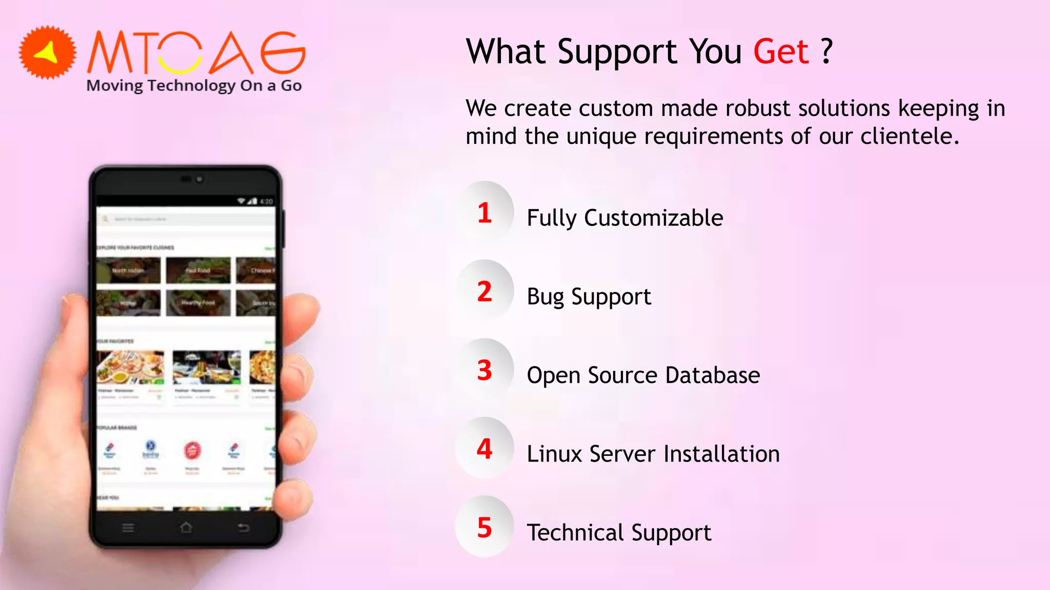 What Support You Get ?
We create custom made robust solutions keeping in
mind the unique requirements of our clientele.
1 Fully Customizable
2 Bug Support
3 Open Source Database
4 Linux Server Installation
5 Technical Support
 