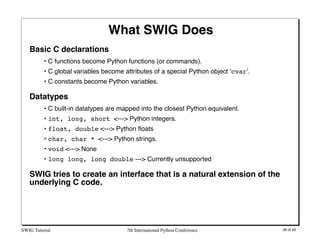 What SWIG Does
   Basic C declarations
          • C functions become Python functions (or commands).
          • C global...