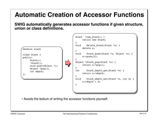 Automatic Creation of Accessor Functions
   SWIG automatically generates accessor functions if given structure,
   union o...