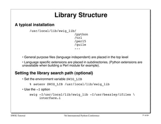 Library Structure
   A typical installation
                /usr/local/lib/swig_lib/
                                     ...