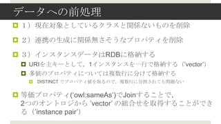 ǩ`ؤǰI
? FڌȤƤ륯饹vSʤΤ

? BЯɤvSoʥץѥƥ

? 󥹥󥹥ǩ`RDB˸{
 ? URI`Ȥƣ1󥹥󥹤һФǸ{루?vector?
 ? ΥץѥƥˤĤƤ}Ф˷֤Ƹ{
  ? DISTINCT ǥץѥƥȡΤǣ}Ф˷ָƤ↖}ʤ


? ȁץѥƥ(?owl:sameAs?)Join뤳Ȥǣ
  2ĤΥȥ ?vector? νMϤȡä뤳ȤǤ
  루?instance pair?
 
