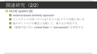 vBо2/2
? GLUE system [9]
  ? instance-based similarity approach
  ? 󥹥󥹤֤ĥ٥(ƥ)򥯥饹ä
  ? Υȥθȱ^ƣ뤫ж
  ? ᰸ַǤϣLinked Data  Ƿɱ:𴡲 ä
 