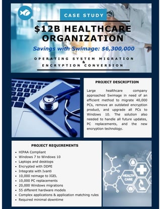 HIPAA Compliant
Windows 7 to Windows 10
Laptops and desktops
Encrypted with DDPE
Integrate with Ivanti
10,000 reimage to IGEL
10,000 PC replacements
20,000 Windows migrations
55 different hardware models
Complex applications & application matching rules
Required minimal downtime
PROJECT DESCRIPTION
PROJECT REQUIREMENTS
$12B HEALTHCARE
ORGANIZATION
C A S E S T U D Y
Savings with Swimage: $6,300,000
O P E R A T I N G S Y S T E M M I G R A T I O N
&
E N C R Y P T I O N C O N V E R S I O N
Large healthcare company
approached Swimage in need of an
efficient method to migrate 40,000
PCs, remove an outdated encryption
product, and upgrade all PCs to
Windows 10. The solution also
needed to handle all future updates,
PC replacements, and the new
encryption technology.
 