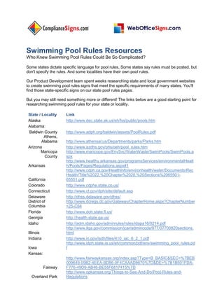 Swimming Pool Rules Resources
Who Knew Swimming Pool Rules Could Be So Complicated?
Some states dictate specific language for pool rules. Some states say rules must be posted, but
don't specify the rules. And some localities have their own pool rules.
Our Product Development team spent weeks researching state and local government websites
to create swimming pool rules signs that meet the specific requirements of many states. You'll
find those state-specific signs on our state pool rules pages.
But you may still need something more or different! The links below are a good starting point for
researching swimming pool rules for your state or locality.
State / Locality Link
Alaska http://www.dec.state.ak.us/eh/fss/public/pools.htm
Alabama:
Baldwin County http://www.adph.org/baldwin/assets/PoolRules.pdf
Athens,
Alabama http://www.athensal.us/Departments/parks/Parks.htm
Arizona http://www.azdhs.gov/phs/oeh/pool_rules.htm
Maricopa
County
http://www.maricopa.gov/EnvSvc/WaterWaste/SwimPools/SwimPools.a
spx
Arkansas
http://www.healthy.arkansas.gov/programsServices/environmentalHealt
h/Pools/Pages/Regulations.aspx#1
California
http://www.cdph.ca.gov/HealthInfo/environhealth/water/Documents/Rec
Health/Title%2022,%20Chapter%2020,%20Sections%2065501-
65551.pdf
Colorado http://www.cdphe.state.co.us/
Connecticut http://www.ct.gov/dph/site/default.asp
Delaware http://dhss.delaware.gov/dhss/
District of
Columbia
http://www.dcregs.dc.gov/Gateway/ChapterHome.aspx?ChapterNumber
=25-C64
Florida http://www.doh.state.fl.us/
Georgia http://health.state.ga.us/
Idaho http://adm.idaho.gov/adminrules/rules/idapa16/0214.pdf
Illinois
http://www.ilga.gov/commission/jcar/admincode/077/07700820sections.
html
Indiana http://www.in.gov/isdh/files/410_iac_6_2_1.pdf
Iowa
http://www.idph.state.ia.us/eh/common/pdf/env/swimming_pool_rules.pd
f
Kansas:
Fairway
http://www.fairwaykansas.org/index.asp?Type=B_BASIC&SEC=%7BEB
009649-09B2-4EEA-BD86-0F4CAAAD8670%7D&DE=%7B1B501FDA-
F776-49D9-AB46-BE55F6817415%7D
Overland Park
http://www.opkansas.org/Things-to-See-And-Do/Pool-Rules-and-
Regulations
 