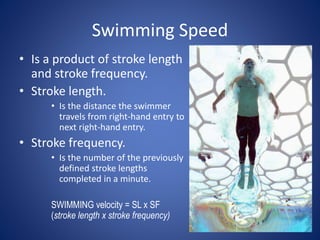 Swimming Speed
• Is a product of stroke length
and stroke frequency.
• Stroke length.
• Is the distance the swimmer
travels from right-hand entry to
next right-hand entry.
• Stroke frequency.
• Is the number of the previously
defined stroke lengths
completed in a minute.
SWIMMING velocity = SL x SF
(stroke length x stroke frequency)
 