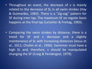 • Throughout an event, the decrease of v is mainly
related to the decrease of SL in all swim strokes (Hay
& Guimarães, 1983). There is a “zig-zag” pattern for
SF during inter-lap. The maximum SF on regular basis
happens at the final lap (Letzelter & Freitag, 1983).
• Comparing the swim strokes by distance, there is a
trend for SF and v decrease and a slightly
maintenance of SL with increasing distances (Jesus et
al., 2011; Chollet et al., 1996). Swimmer must have a
high SL and, therefore, v should be manipulated
changing the SF (Craig & Pendergast, 1979).
 