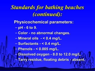 Standards for bathing beachesStandards for bathing beaches
(continued):(continued):
Physicochemical parameters:Physicochemical parameters:
– pH - 6 to 9.pH - 6 to 9.
– Color - no abnormal changes.Color - no abnormal changes.
– Mineral oils - < 0.4 mg/L.Mineral oils - < 0.4 mg/L.
– Surfactants - < 0.4 mg/L.Surfactants - < 0.4 mg/L.
– Phenols - < 0.005 mg/L.Phenols - < 0.005 mg/L.
– Dissolved oxygen - 8.0 to 12.0 mg/L.Dissolved oxygen - 8.0 to 12.0 mg/L.
– Tarry residue, floating debris - absent.Tarry residue, floating debris - absent.
 