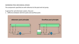 SWIMMING POOL MECHANICAL DESIGN
The components specified are with reference to the pool and not pump.
In general for salt chlorinator system, they are:-
1. Difference between skimmer pools and overflow pools
 