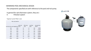 SWIMMING POOL MECHANICAL DESIGN
The components specified are with reference to the pool and not pump.
In general for salt chlorinator system, they are:-
4. Filtration system
Typical sand filter size
filter size selection
tank dia (mm) tank height(mm)
valve size
(mm)
filter area
(m2)
max flow
(lpm)
max pool size
(litres)
600 1000 40 0.3 260 93000
700 1050 40 0.4 340 122000
700 1050 50 0.4 340 122000
800 1150 50 0.5 420 150000
900 1300 50 0.65 545 196000
1000 1350 50 0.83 550 200000
1200 1450 50 1.1 550 200000
 