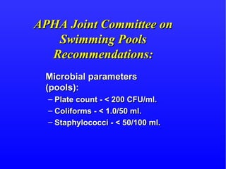 APHA Joint Committee onAPHA Joint Committee on
Swimming PoolsSwimming Pools
Recommendations:Recommendations:
Microbial parametersMicrobial parameters
(pools):(pools):
– Plate count - < 200 CFU/ml.Plate count - < 200 CFU/ml.
– Coliforms - < 1.0/50 ml.Coliforms - < 1.0/50 ml.
– Staphylococci - < 50/100 ml.Staphylococci - < 50/100 ml.
 