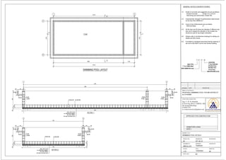 SWIMMING POOL LAYOUT
1 2
A
B
SECTION 1-1
SECTION 2-2
1 2
A B
T 25 - 6" - B
BAR TYPE
LOCATION
T -Tor, R-Mild Steel
BAR DIAMETER (mm)
T-Top, B-Bottom
EF-Each Face
NF-Near Face
FF-Far Face
BAR SPACING (inch)
GENERAL NOTES:CONCRETE WORKS.
1.0 Grade of concrete and suggested mix are as follows.
Screed Concrete -Grade 15 (1:3:6 (2")
Swimming pool wall & base -Grade 35A
2.0 Characteristic strength of reinforcement steel should
not be less than 460N/mm²..
3.0 Cover to the reinforcement are as follows.
Wall and Base -2"
4.0 All the laps are 50 times bar diameter.If different size
bars are to lapped the diameter of the smaller bar
should be used for lap length calculation.
5.0 Always refer to Architectural drawings for setting out
details and floor levels.
6.0 Foundation is designed assuming bearing capacity of
the soil is 200 kN/m2
and for two storied building
APPROVED FOR CONSTRUCTION
DATE
SIGNATURE & SEAL
NAME OF THE PROJECT :
DATE DESCRIPTION
REVISION
PROPOSED SWIMMING POOL FOR MR.SAFRAZ AT
STRUCTURAL CONSULTANT :
Eng. F. M. M Abdullah
B.Tech Eng (Hon's) AMIESL, MSc
(Str.design)(Reading)
0764667470
ar.contactstructural@gmail.com
DRAWING TITLE :
SWIMMING POOL DETAILS
30
PROJECT NO :
ST/ 30/ 01
DRAWING NO :
-
REVISION NO :
DESIGNED BY :
THARUKI
DRAWN BY :
-
CHECKED BY :
ABDULLAH
SCALES :
14/08/2021
DATE:
02
SHEET NO :
1:75
E:2021 PART TIMEAR logo.jpg
SHEET SIZE : A2
ALUTHGAMA
 