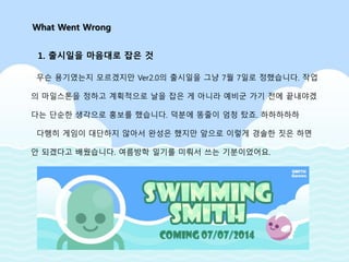 무슨 용기였는지 모르겠지만 Ver2.0의 출시일을 그냥 7월 7일로 정했습니다. 작업
의 마일스톤을 정하고 계획적으로 날을 잡은 게 아니라 예비군 가기 전에 끝내야겠
다는 단순한 생각으로 홍보를 했습니다. 덕분에 똥줄이 엄청 탔죠. 하하하하하
다행히 게임이 대단하지 않아서 완성은 했지만 앞으로 이렇게 경솔한 짓은 하면
안 되겠다고 배웠습니다. 여름방학 일기를 미뤄서 쓰는 기분이었어요.
What Went Wrong
1. 출시일을 마음대로 잡은 것
 