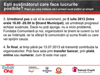 3. Următorul pas e să vii la eveniment, pe 5 iulie 2013 (între
orele 16.00 -20.00 la Ștrand Municipal), să urmărești progresul
echipei susținute. Dacă nu poți ajunge, nu e nicio problemă,
Fundația Comunitară și noi, organizatorii te ținem la curent cu tot
ce se întâmplă, iar la sfârșit îți comunicăm și suma finală cu care
vei sprijini cauza.
4. În final, ai timp până pe 13.07.2013 să transmiți contribuția ta
organizatorilor. Poți face asta prin transfer bancar, prin plată
online sau numerar, cum îți este mai ușor.
Ești susținătorul care face lucrurile
posibile? Pașii pe care trebuie să-i urmezi sunt puțini și simpli.
 