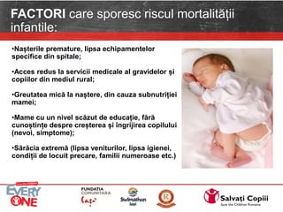 •Nașterile premature, lipsa echipamentelor
specifice din spitale;
•Acces redus la servicii medicale al gravidelor și
copiilor din mediul rural;
•Greutatea mică la naștere, din cauza subnutriției
mamei;
•Mame cu un nivel scăzut de educație, fără
cunoștințe despre creșterea și îngrijirea copilului
(nevoi, simptome);
•Sărăcia extremă (lipsa veniturilor, lipsa igienei,
condiții de locuit precare, familii numeroase etc.)
FACTORI care sporesc riscul mortalității
infantile:
 