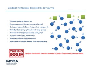Салбарт тулгамдаж буй нийтлэг асуудлууд




•    Салбарыг дэмжсэн бодлого сул
•    Компаниуд жижиг, Хамтын ажиллагаа багатай
•    Салбарын чадвахийн болон бусад нийтлэг стандартгүй
•    Хийж буй бүтээгдэхүүн үйлчилгээний чанар доогуур
•    Томоохон төсөлд оролцох шалгуур хангадаггүй
•    Тодорхой чиглэлүүдэд мэргэшээгүй
•    Мэдээлэл солилцох хэрэгсэл байхгүй
•    Зохиогчийн эрх, Оюуны өмчийн үнэлгээ тодорхойгүй




                         Програм хангамжийн салбарын өрсөлдөх чадварыг сулруулах эрсдэл өндөр байна.
 