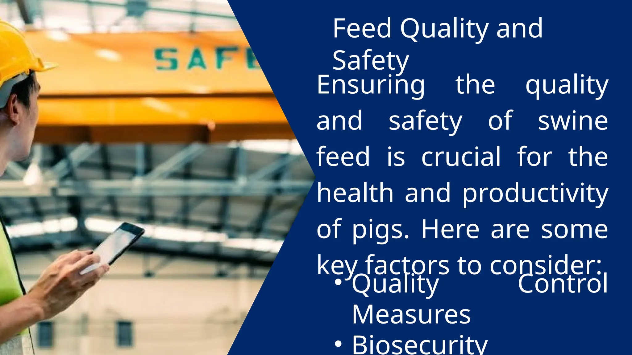 Feed Quality and
Safety
Ensuring the quality
and safety of swine
feed is crucial for the
health and productivity
of pigs. Here are some
key factors to consider:
• Quality Control
Measures
• Biosecurity
 