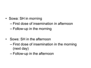 • Sowa: SH in morning
– First dose of insemination in afternoon
– Follow-up in the morning
• Sows: SH in the afternoon
– First dose of insemination in the morning
(next day)
– Follow-up in the afternoon
 