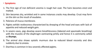 • Symptoms
1. The first sign of iron deficient anemia is rough hair coat. The hairs becomes erect and
matted.
2. Skin becomes dry, wrinkled and in some instances cracks may develop. Crust may form
on the skin as the result of exudates.
3. Paleness of mucus membrane.
4. Piglets exhibit restlessness characterized by drooping of the head and eyes with lack of
appetite and reduced weight gain.
5. In severe cases, pigs develop severe breathlessness (labored and spasmodic breathing)
with the muscles of the diaphragm contracting jerkily and hence it is commonly called
as thumps.
6. The animal also shows systolic murmurs due to reduced blood viscosity and dies
suddenly due to anoxia.
7. Diarrhea is common in less severely affected piglets.
 