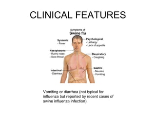 CLINICAL FEATURES




  Vomiting or diarrhea (not typical for
  influenza but reported by recent cases of
  swine influenza infection)
 